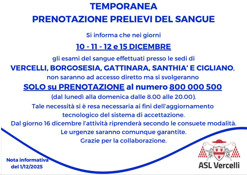 ASL VC - Prelievi del sangue: accesso su prenotazione nei giorni 10, 11, 12 e 15 dicembre