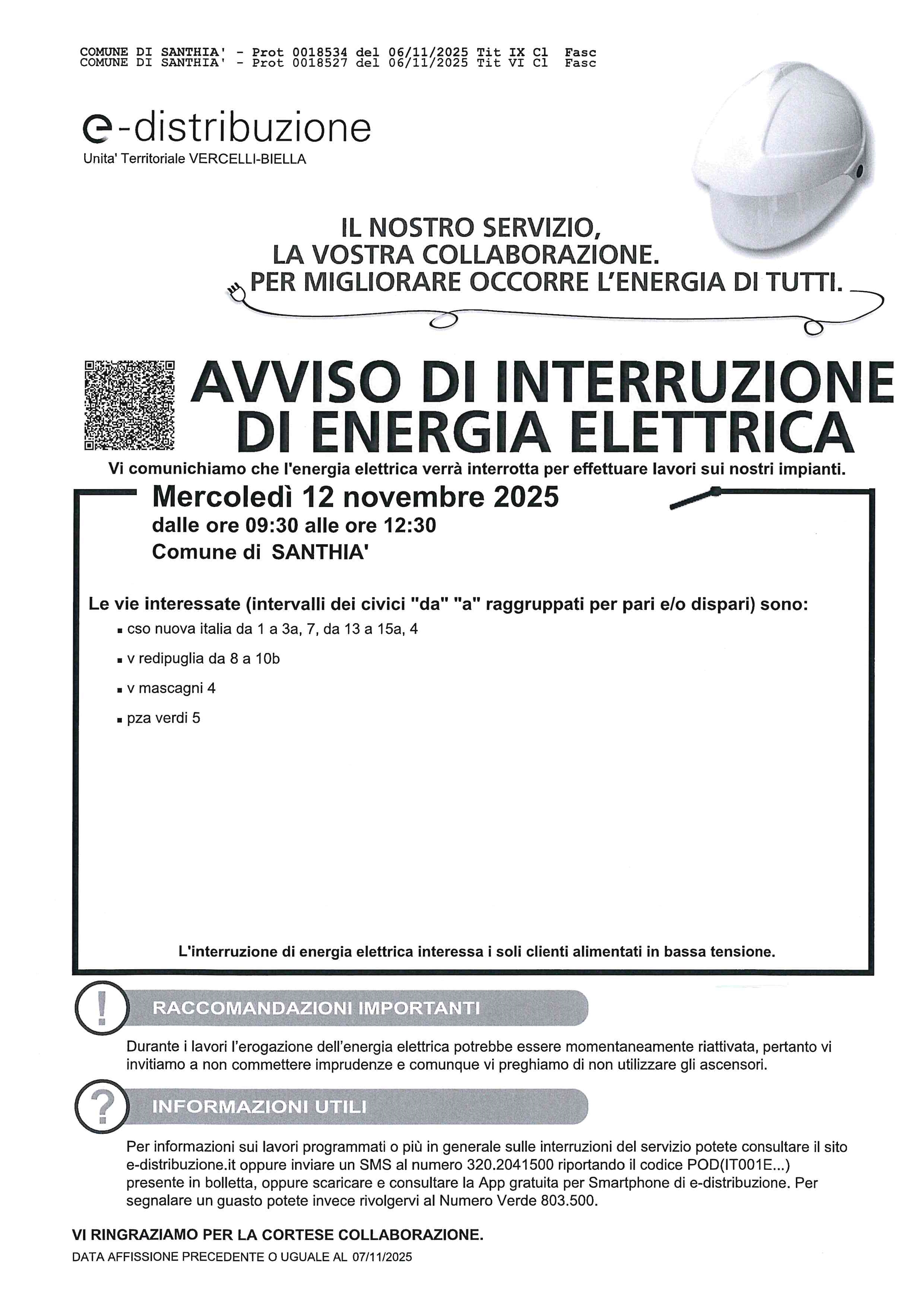 Interruzione di energia elettrica - mercoledì 12 novembre